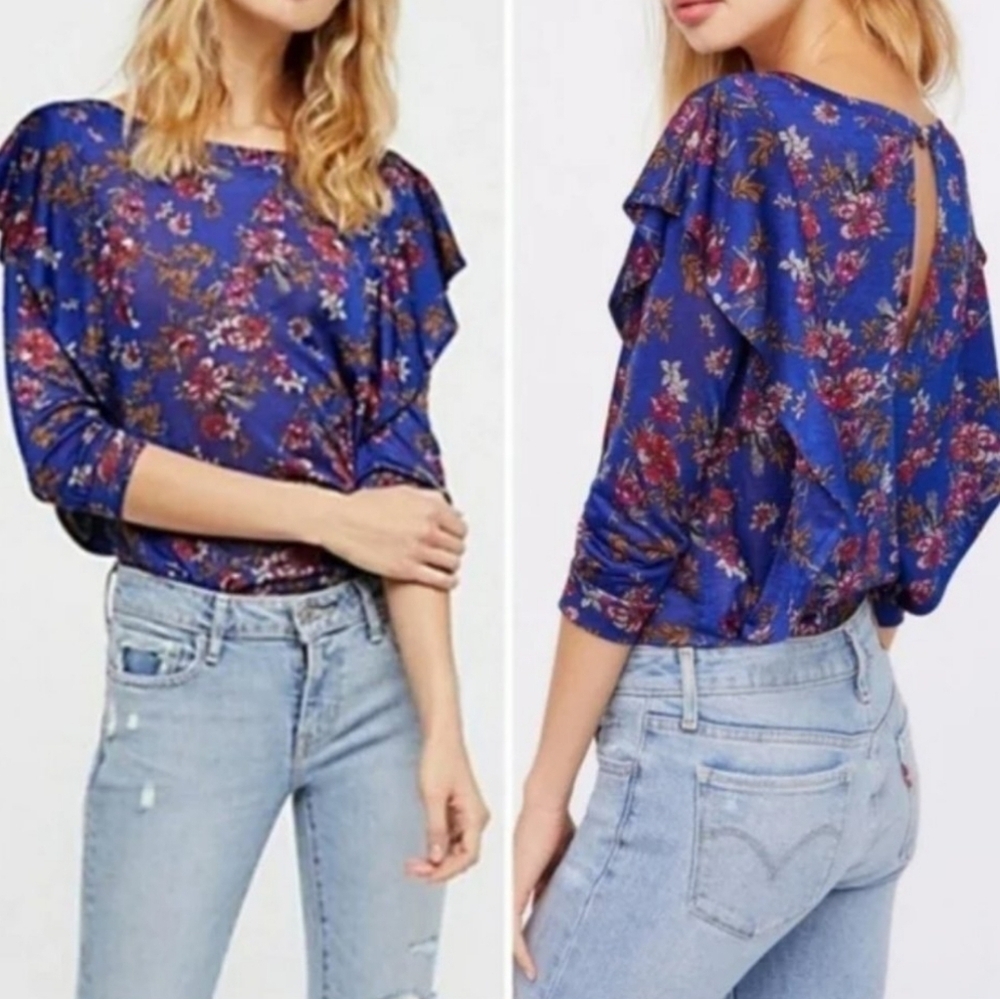Free People Dock Street Top Blue Combo Floral Womens